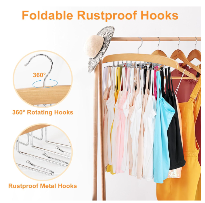 Tank Top Hanger with Premium Wood, 24 Large Capacity, Space Saving,360 Degree Rotating, Foldable Metal Hooks, Tank Tops